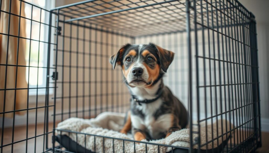 rescue dog in crate