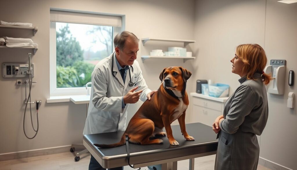 veterinarian consulting dog owner